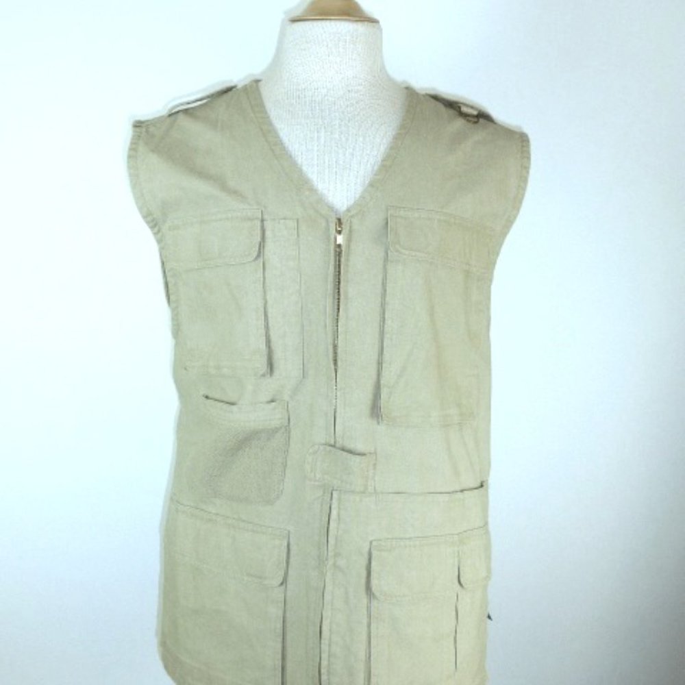 TERRAMAR COTTON zip front sport vest sleeveless pockets tan khaki classic L